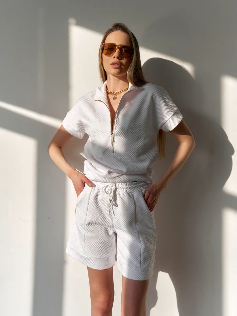 Solid Color Loose-fitting Crew Neck Sweatshirt and Shorts Casual Set