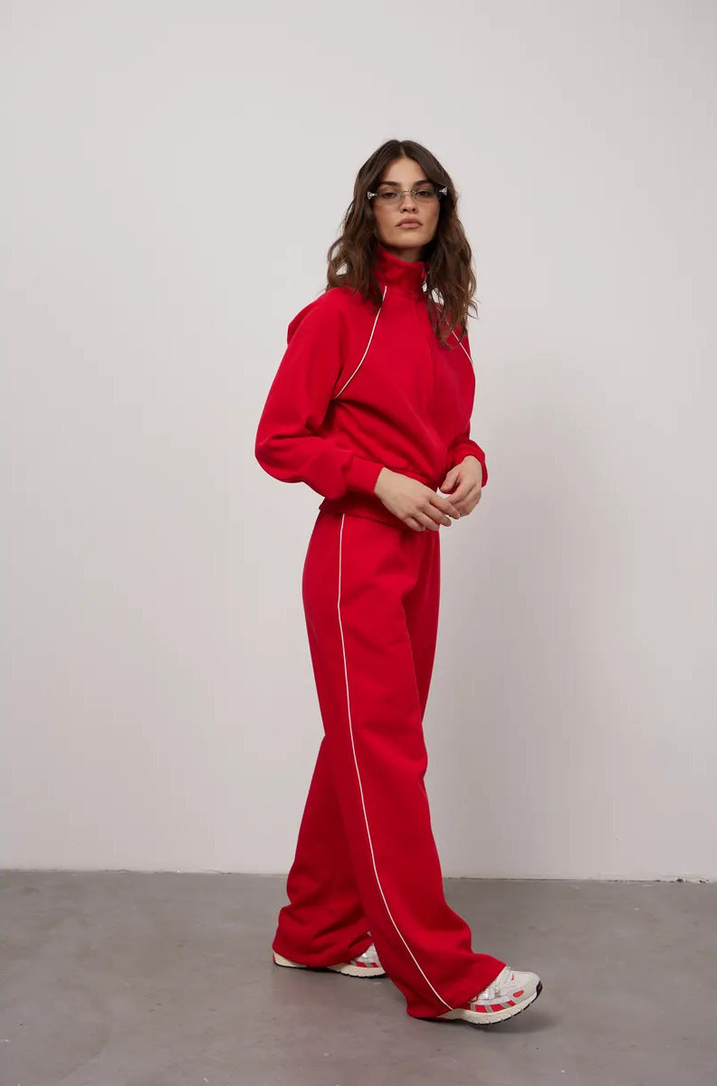 Stylish Line Long-Sleeved Zipper Cardigan Loose-Fitting Trousers Casual Suit