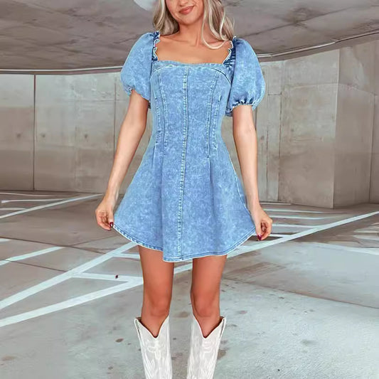 Fashionable and Sexy Slim Fit Puff Sleeve Backless Denim Dress