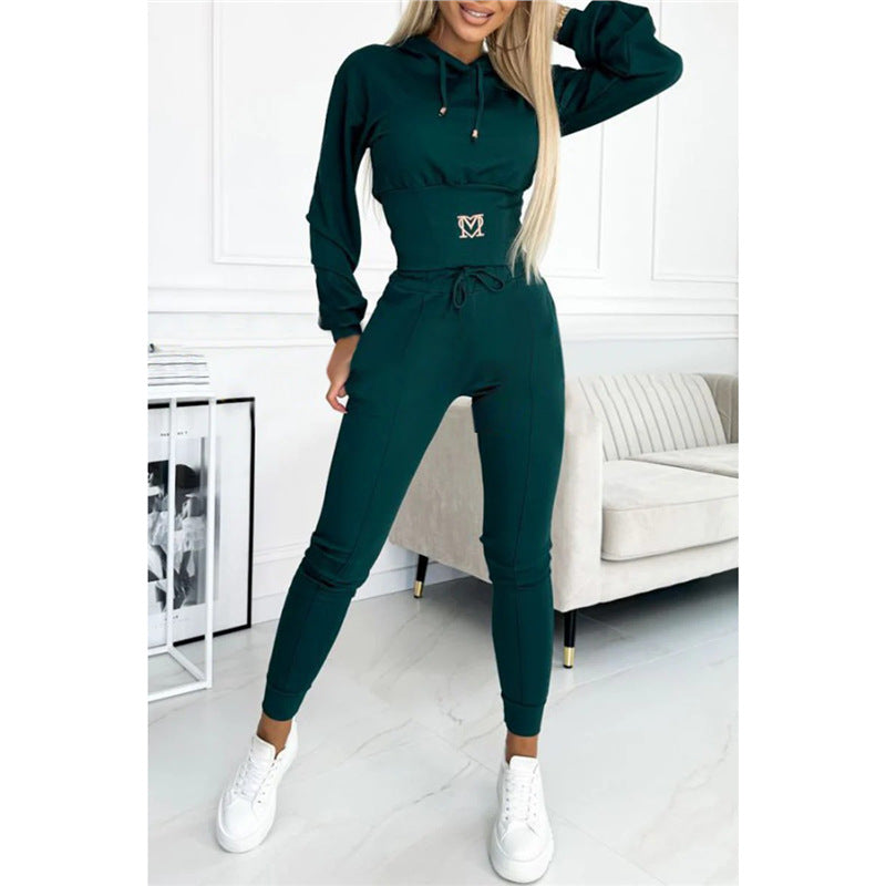Waist-cinching Hooded Top and Trousers Casual Sportswear Set