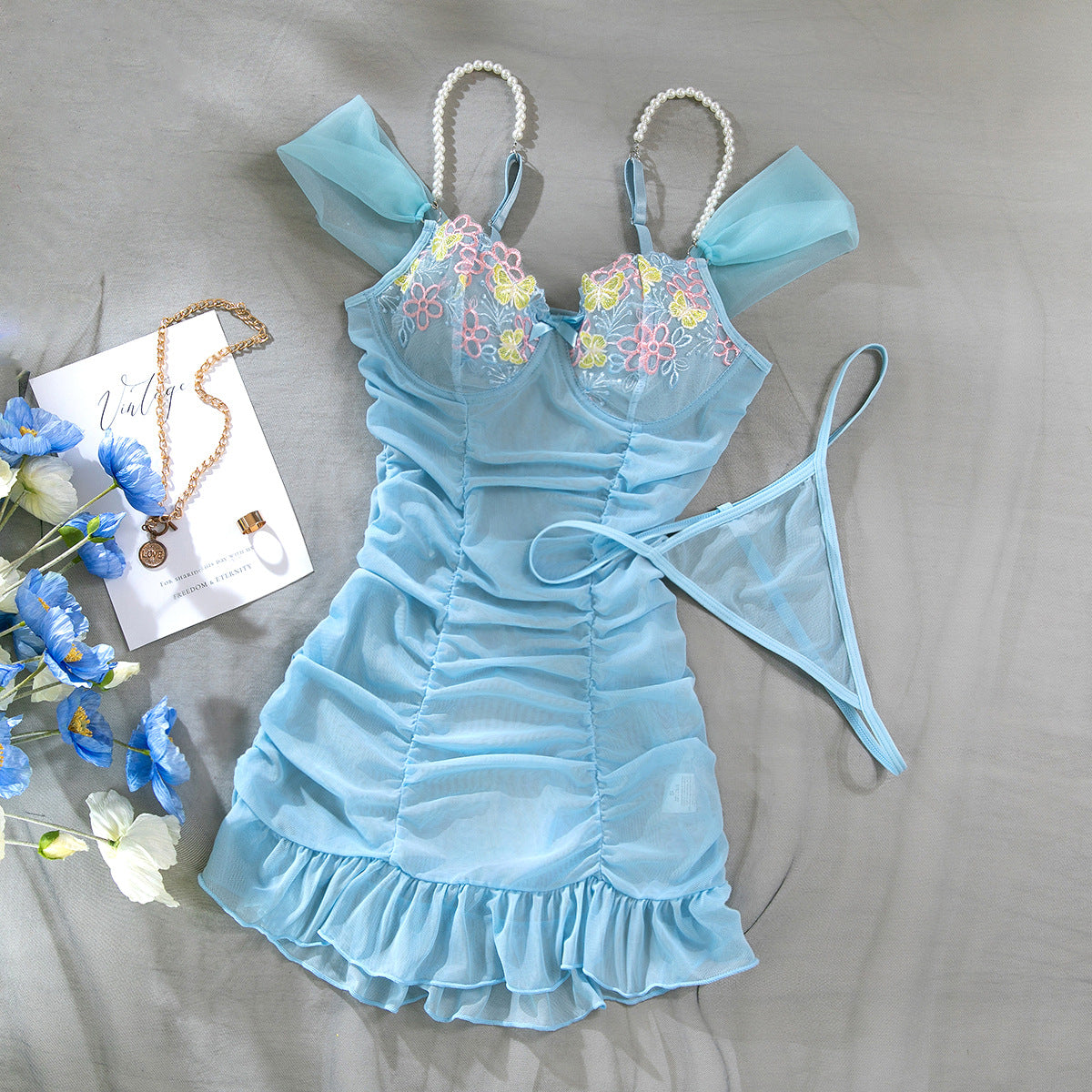 Sexy Light Style Pearl Strap Beautiful Back Flower Embroidery Mesh Dress