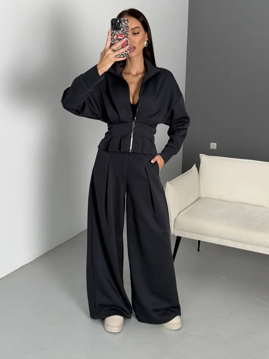 Stand-up Collar Long-sleeved Belted Sweatshirt and Casual Pants Set