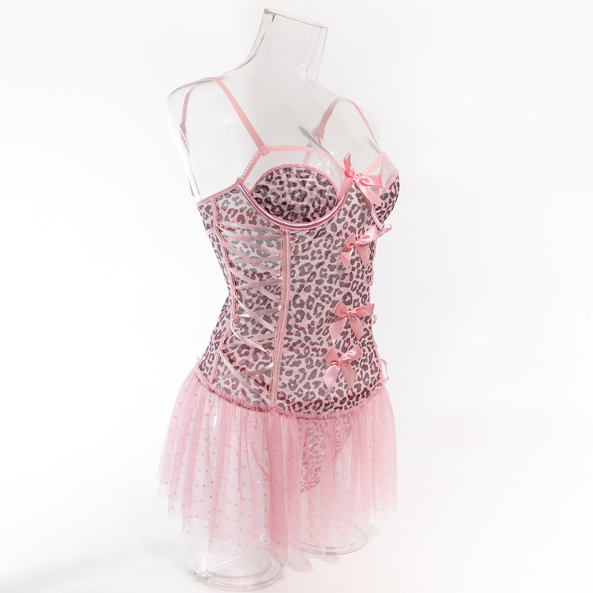 Sexy Pink Leopard Print Tulle Puffy Dress + T-Back