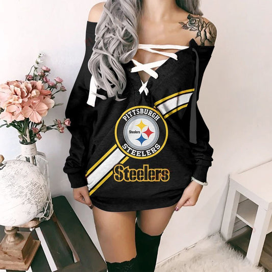 Pittsburgh Steelers Printed Lace-up V-neck Off-shoulder Hip Dress