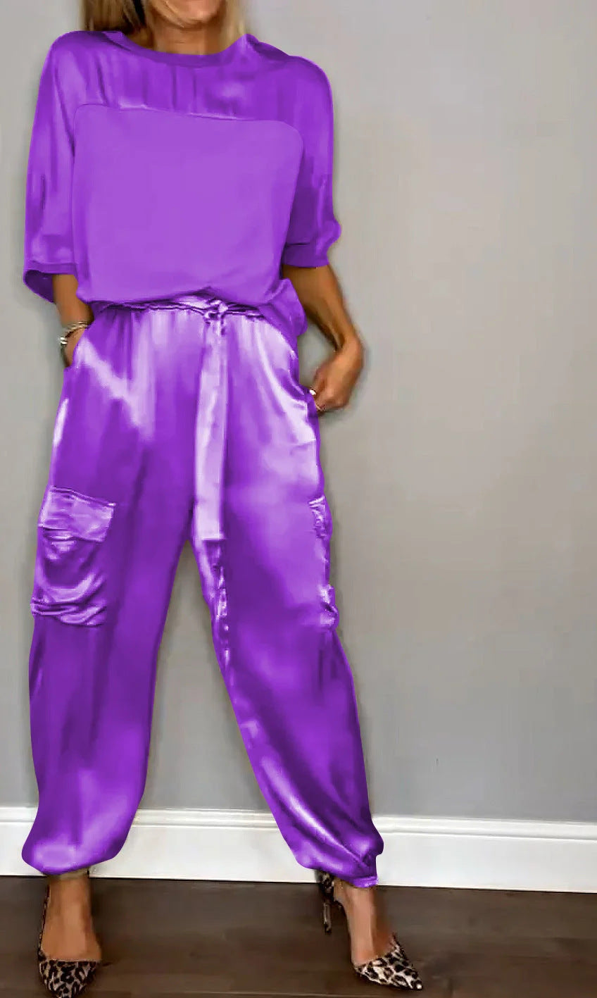 Fashionable Mercerized Satin Short Sleeve Top and Pants Set