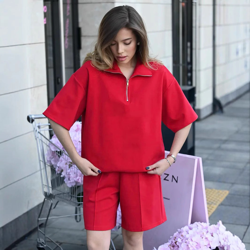 Solid Color Short-sleeved Shirt and Shorts Turtleneck Zip-up Casual Sportswear Set