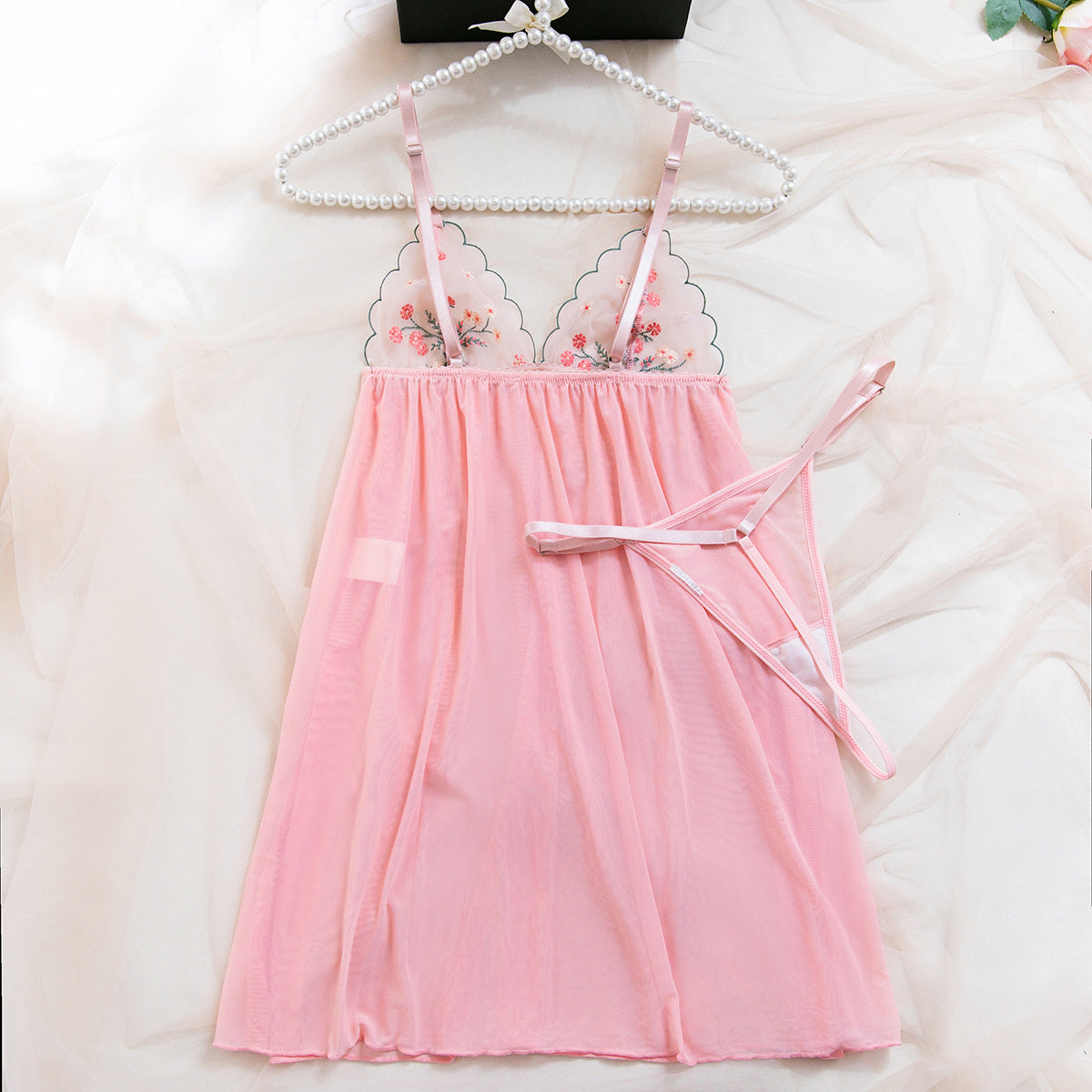 Sexy Ultra-thin Mesh Floral Embroidery See-through Sexy Nightdress + T-Back Two-piece Set