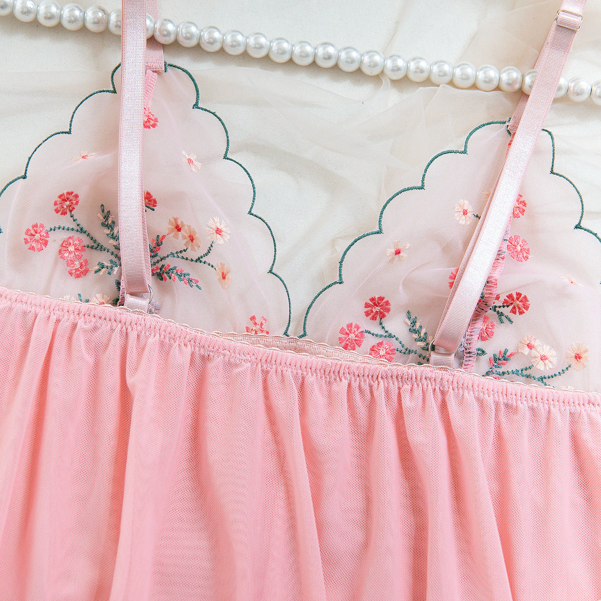 Sexy Ultra-thin Mesh Floral Embroidery See-through Sexy Nightdress + T-Back Two-piece Set