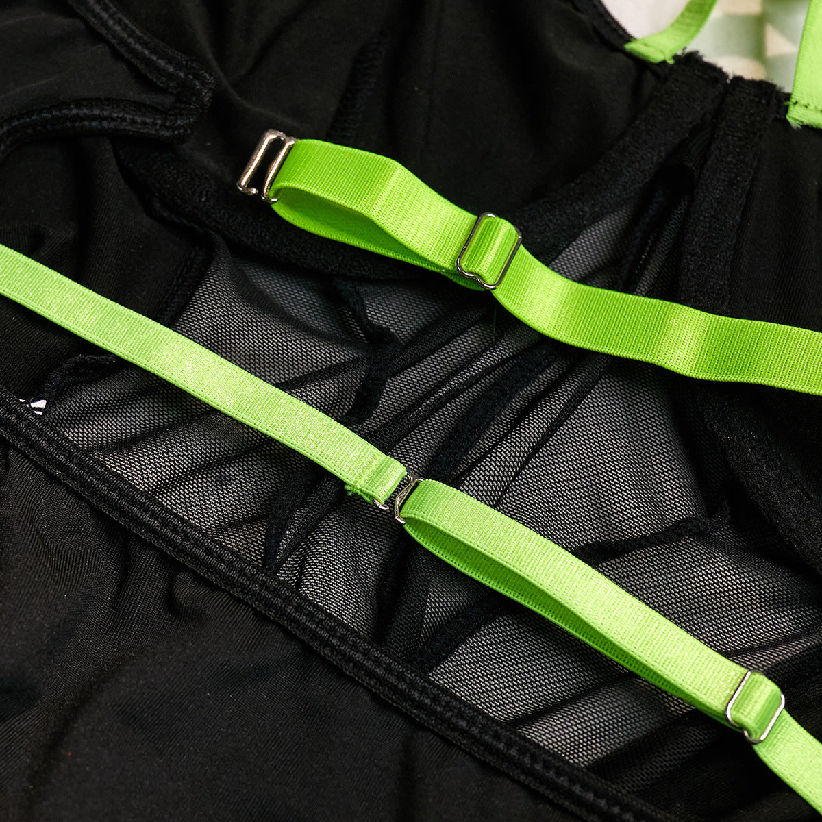 Sexy Fluorescent Green Scarf Strap Shawl Transparent Mesh Steel Ring Gathered Comfortable Jumpsuit