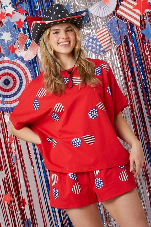 Summer New Independence Day Sequined Short Sleeve Shorts Set