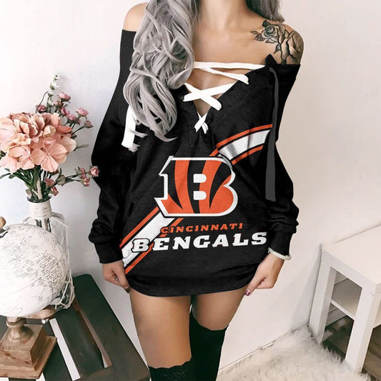 Cincinnati Bengals Printed Lace-up V-neck Off-shoulder Hip Dress