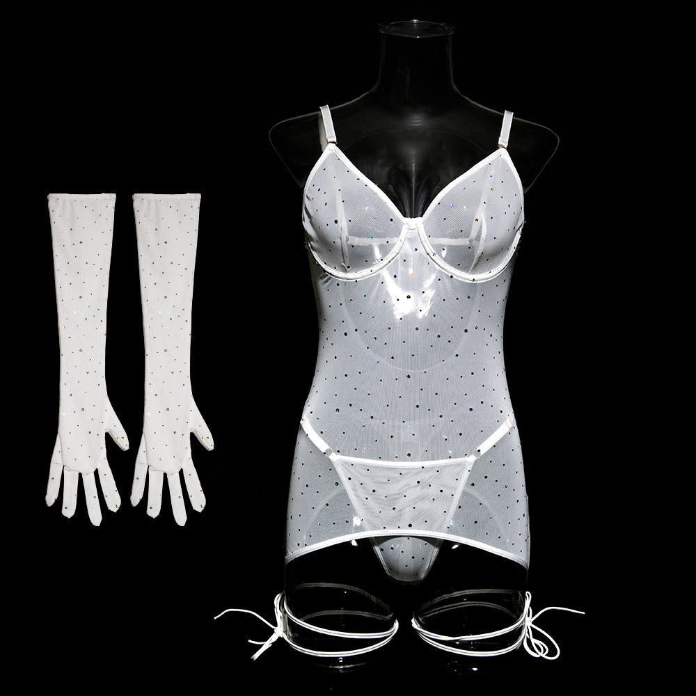 Sequined Nightclub Mesh Transparent Steel Ring Gathered Leggings with Gloves Dress Set