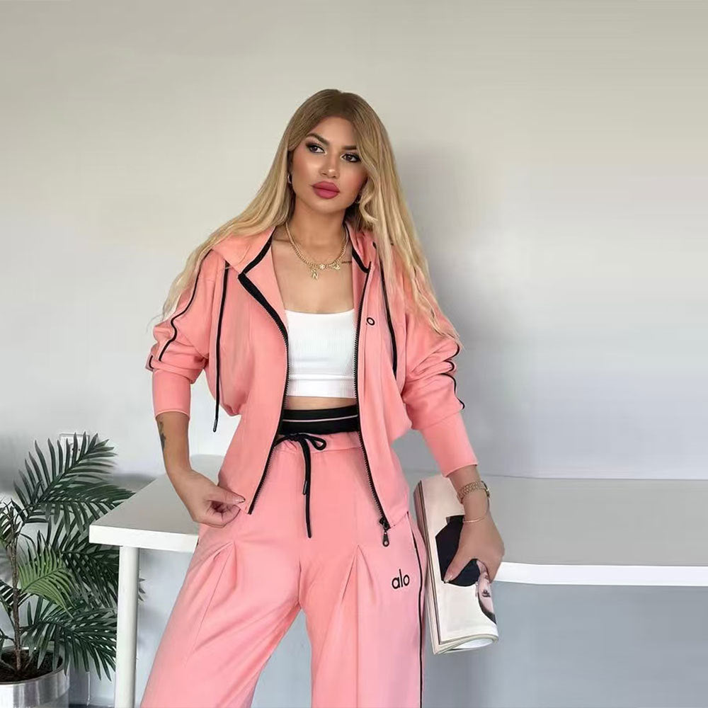 Embroidered Wide-leg Pants Hooded Jacket Sports Two-piece Set