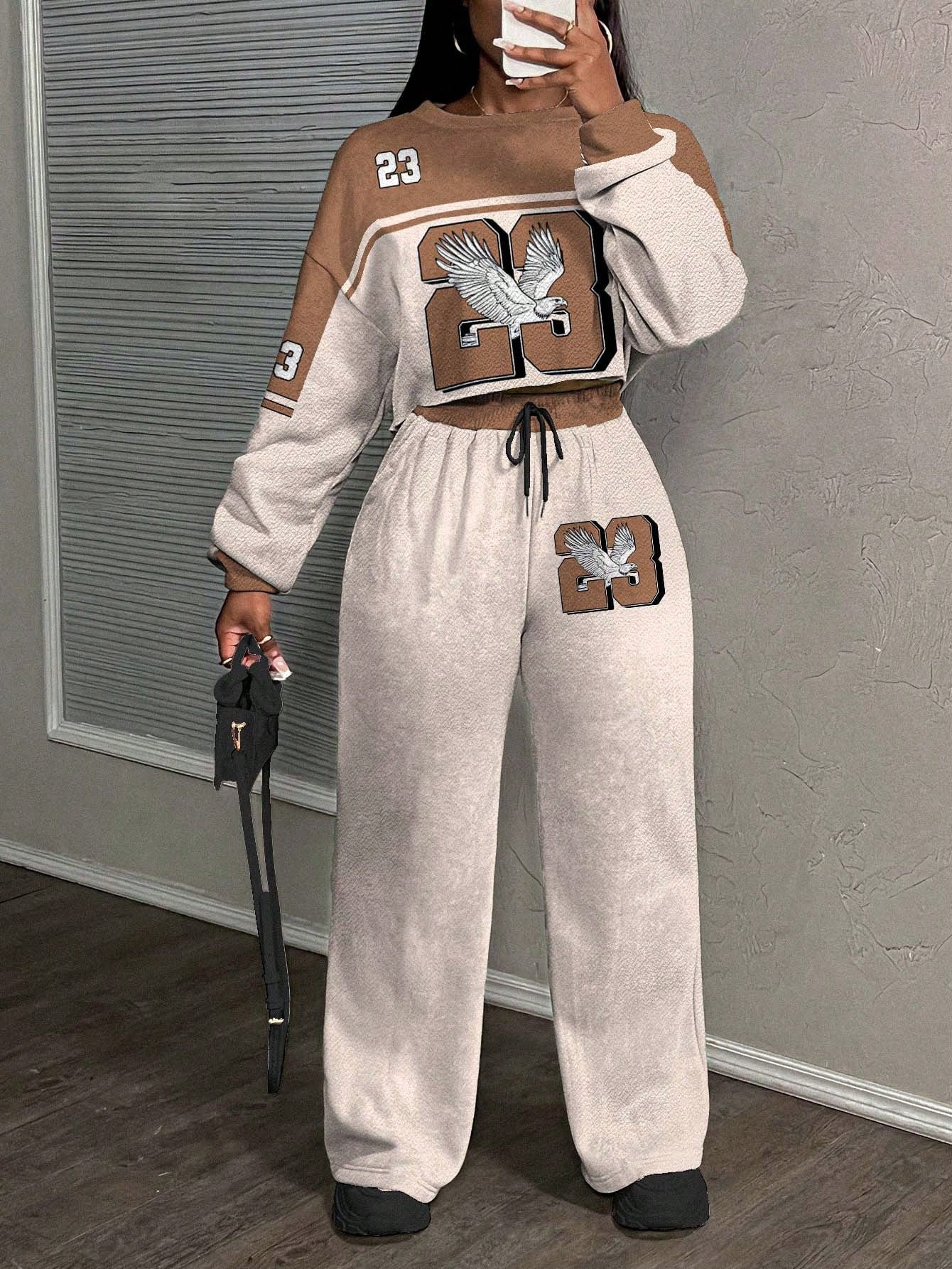 Casual Letter Print Crew Neck Sweatshirt and Pants Set