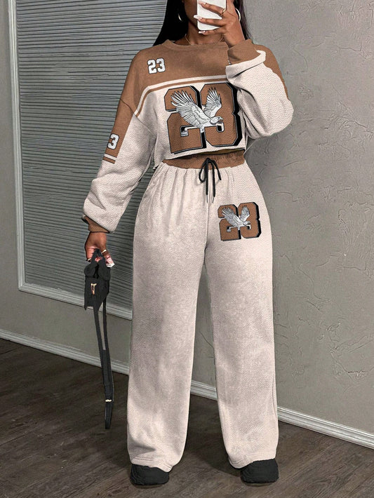 Casual Letter Print Crew Neck Sweatshirt and Pants Set