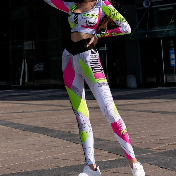 Casual and Fashionable Color Block Letter Print Trousers Sports Suit