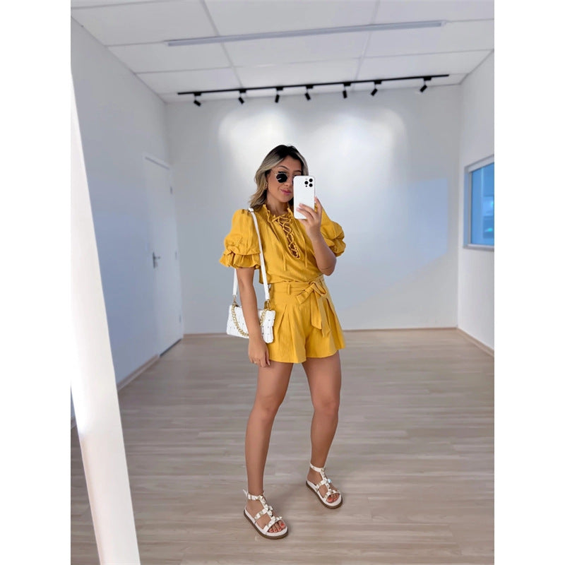 Stand Collar, Pile Sleeves, Shirt, High Waist, Tie-dye, Straight Shorts, Two-piece Suit