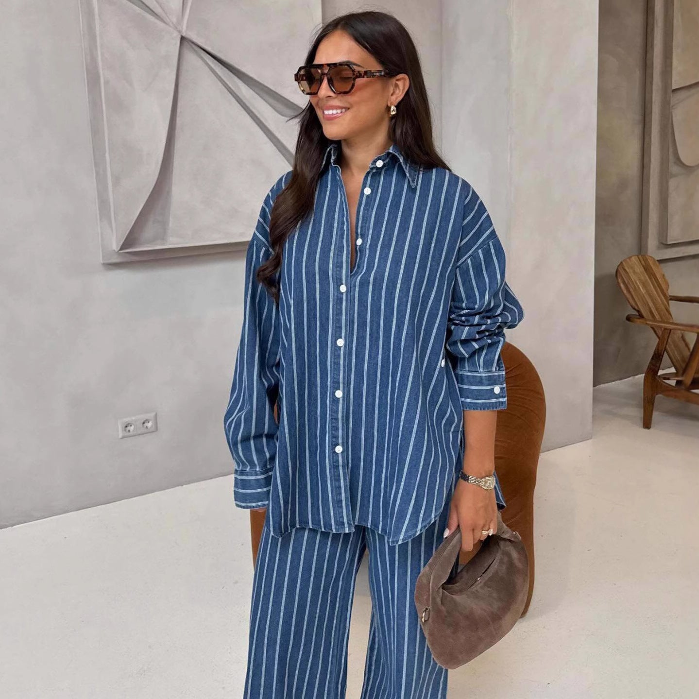 Long-sleeved Collared Cardigan Striped Shirt and Trousers Casual Suit