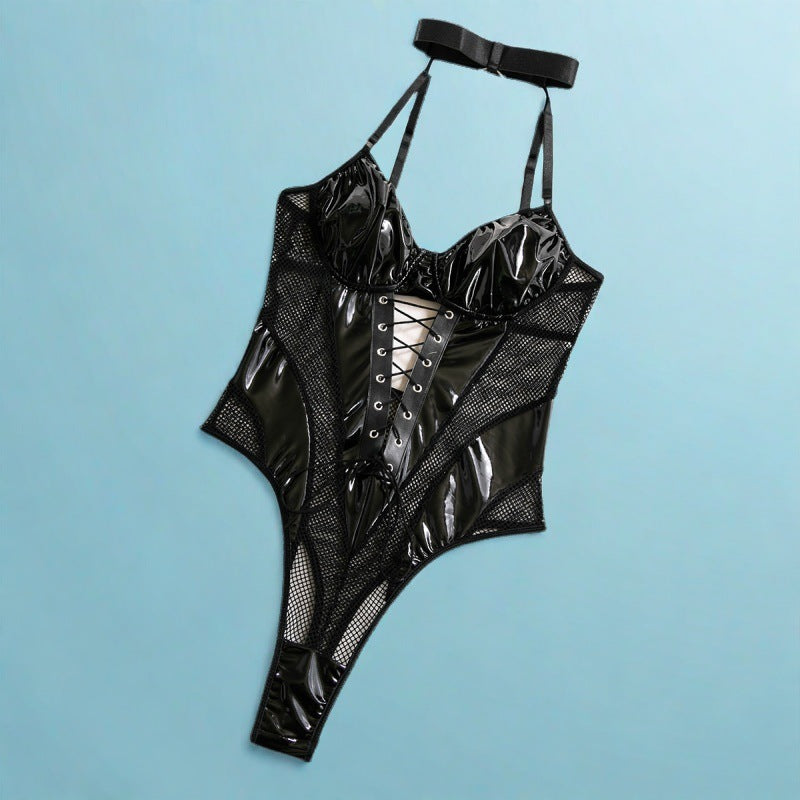 Nightclub Hottie Mesh Splicing Leather Tight Hollow Back Jumpsuit