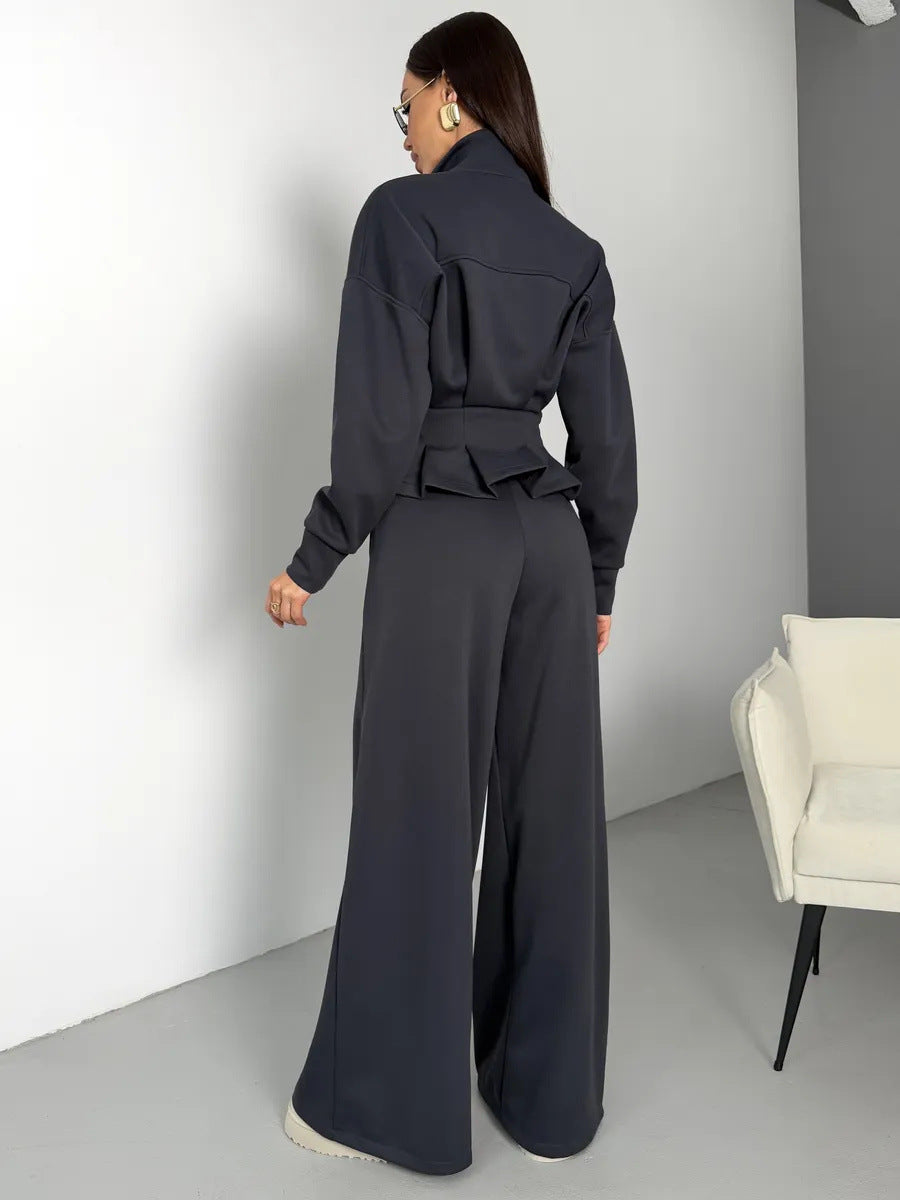 Stand-up Collar Long-sleeved Belted Sweatshirt and Casual Pants Set