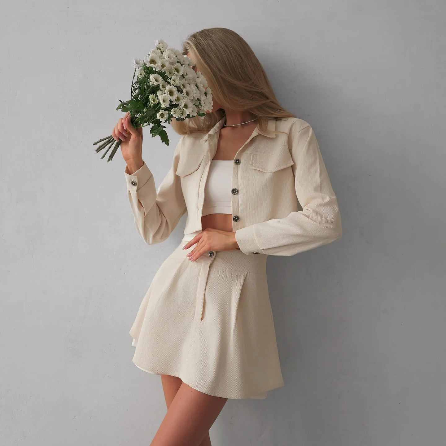 Faux Two-piece Spliced top and High-waisted A-line Skirt and Pants Set