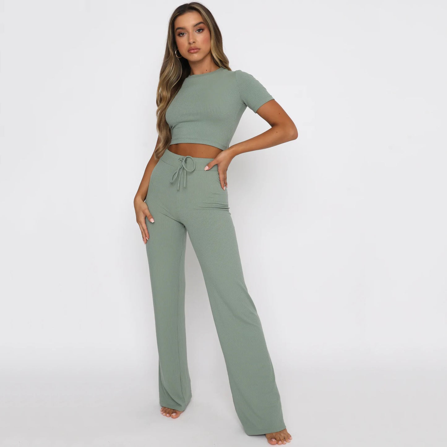 Solid Color High Elastic Shaping Short-Sleeve Wide-Leg Pants Casual Set