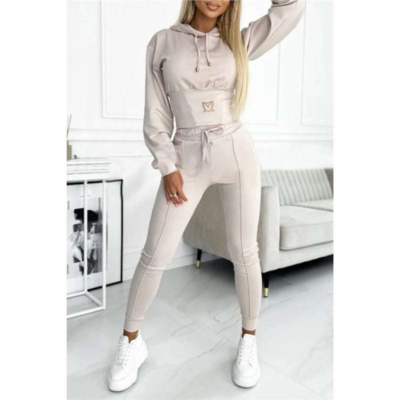 Waist-cinching Hooded Top and Trousers Casual Sportswear Set