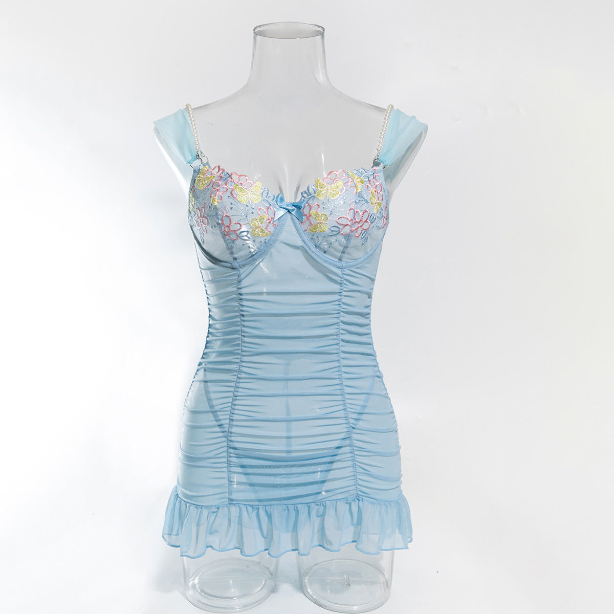 Sexy Light Style Pearl Strap Beautiful Back Flower Embroidery Mesh Dress