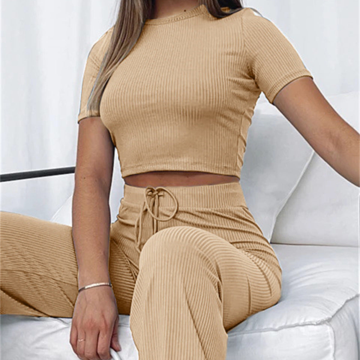 Solid Color High Elastic Shaping Short-Sleeve Wide-Leg Pants Casual Set