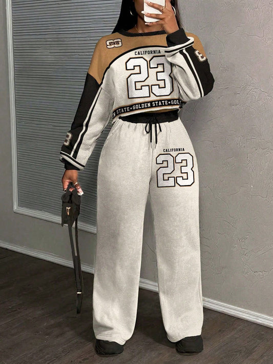 Casual Letter Print Crew Neck Sweatshirt and Pants Set
