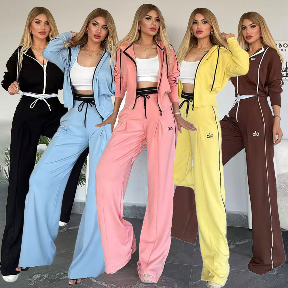 Embroidered Wide-leg Pants Hooded Jacket Sports Two-piece Set