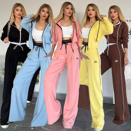 Embroidered Wide-leg Pants Hooded Jacket Sports Two-piece Set