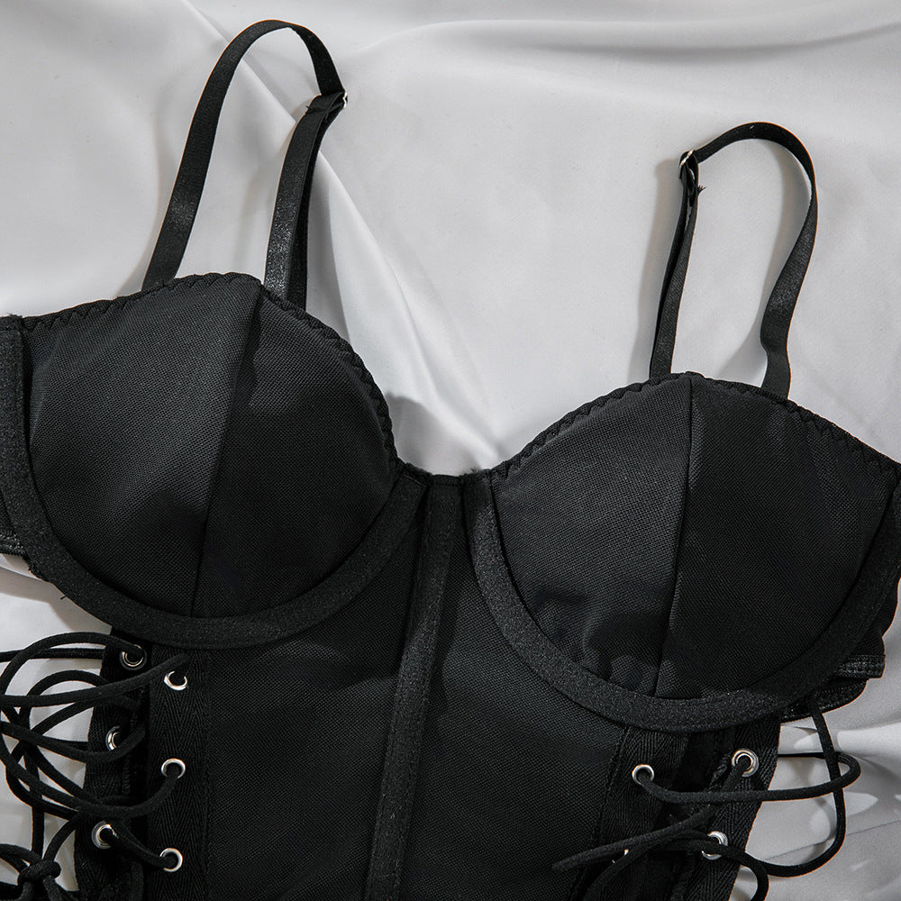 Sexy Underwire Gathered Drawstring Hollow Backpack Hip Herringbone Dress