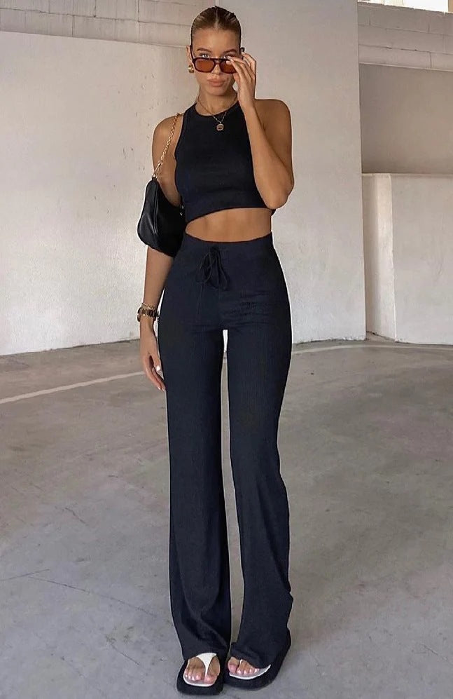 Solid Color High Elastic Shaping Short-Sleeve Wide-Leg Pants Casual Set