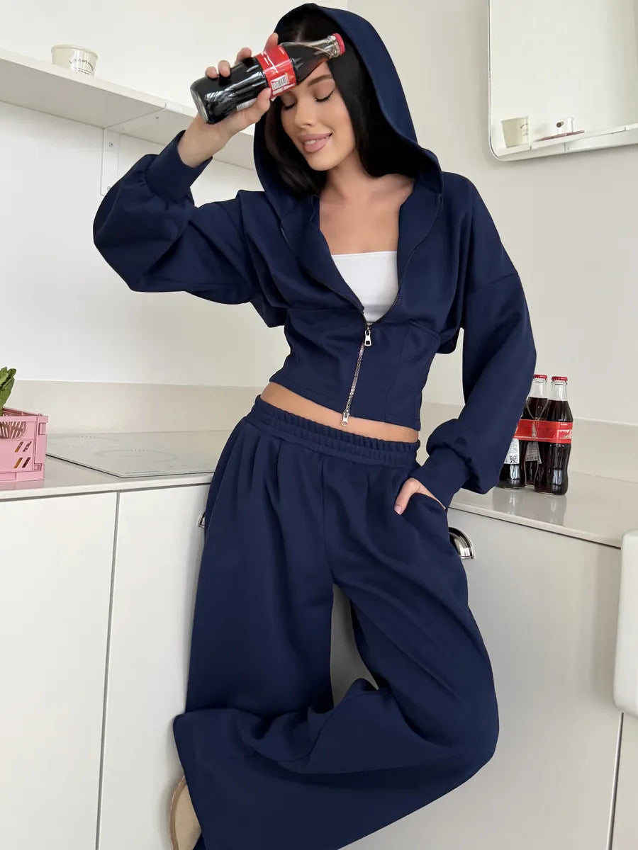 Solid Color Zip-up Cardigan Sweatshirt Loose Trousers Casual Suit