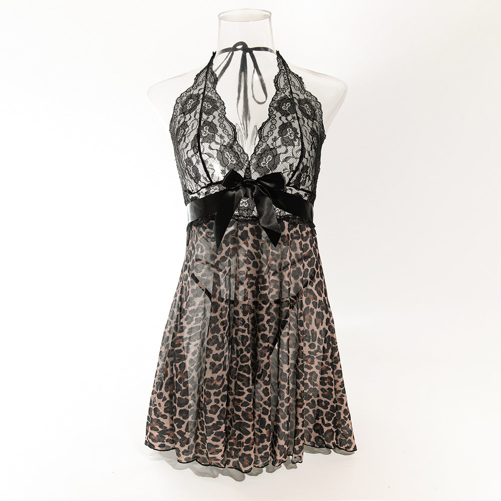Lace Wild Leopard Print See-through Stitching Sexy Nightdress