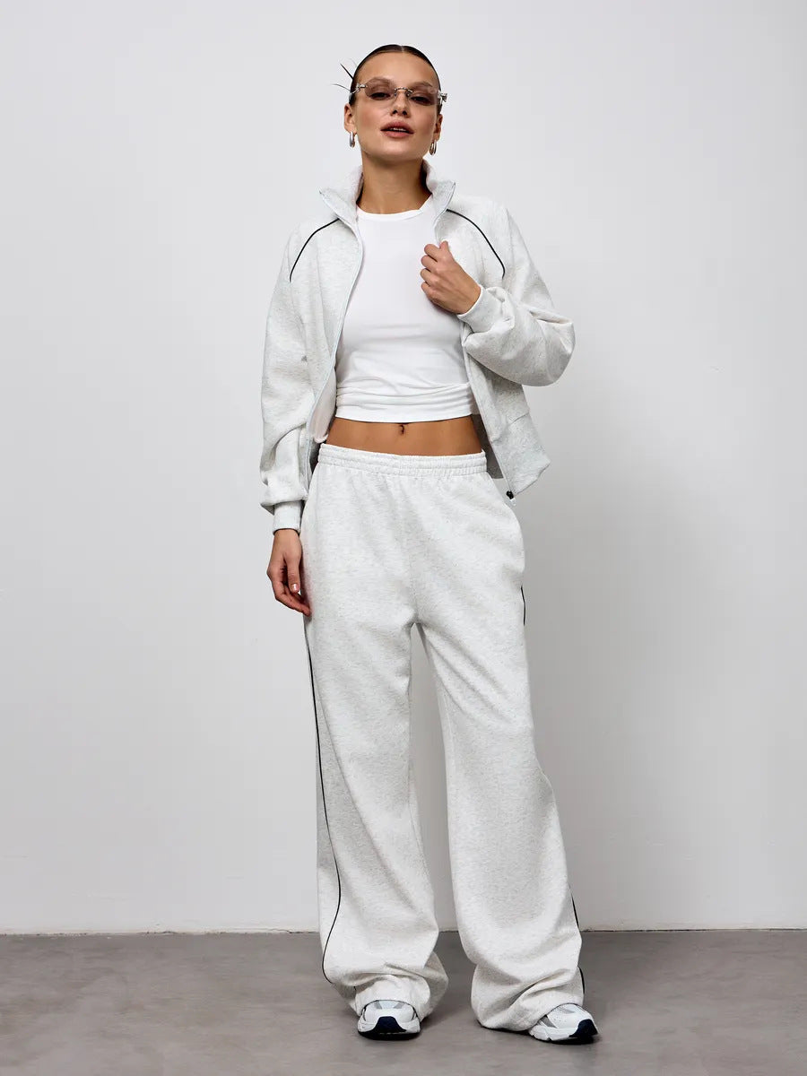 Stylish Line Long-Sleeved Zipper Cardigan Loose-Fitting Trousers Casual Suit
