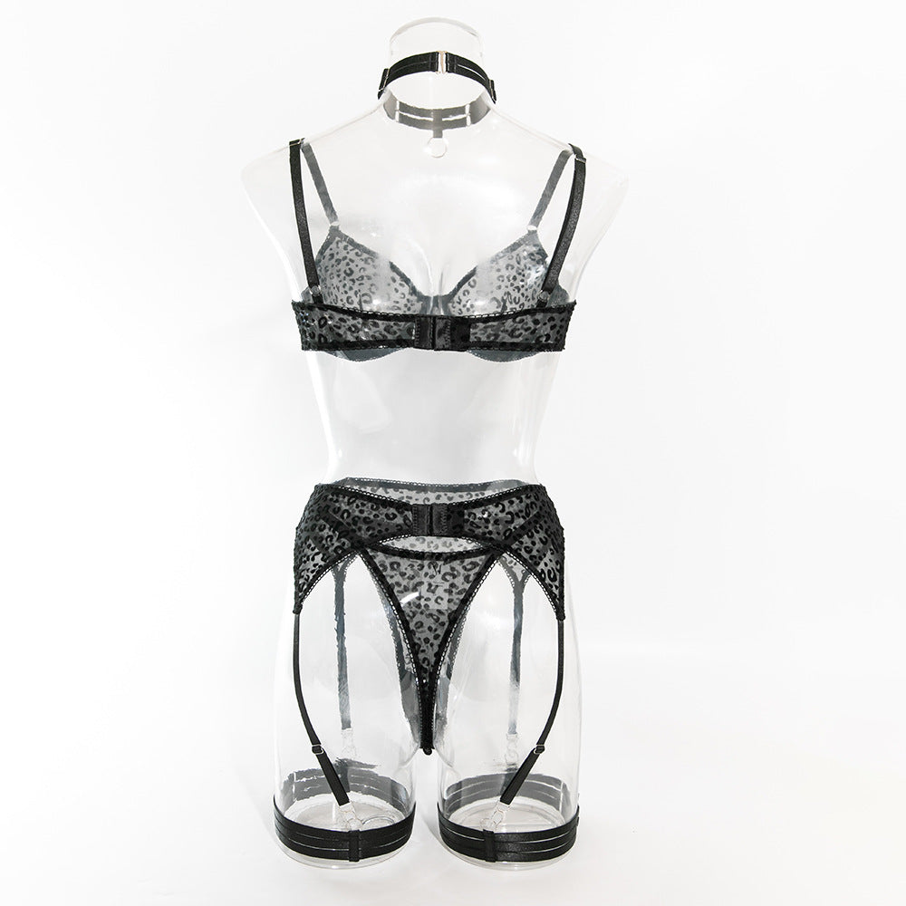 Black Leopard Print Sheer Mesh Scarf Suspender Bodysuit Set
