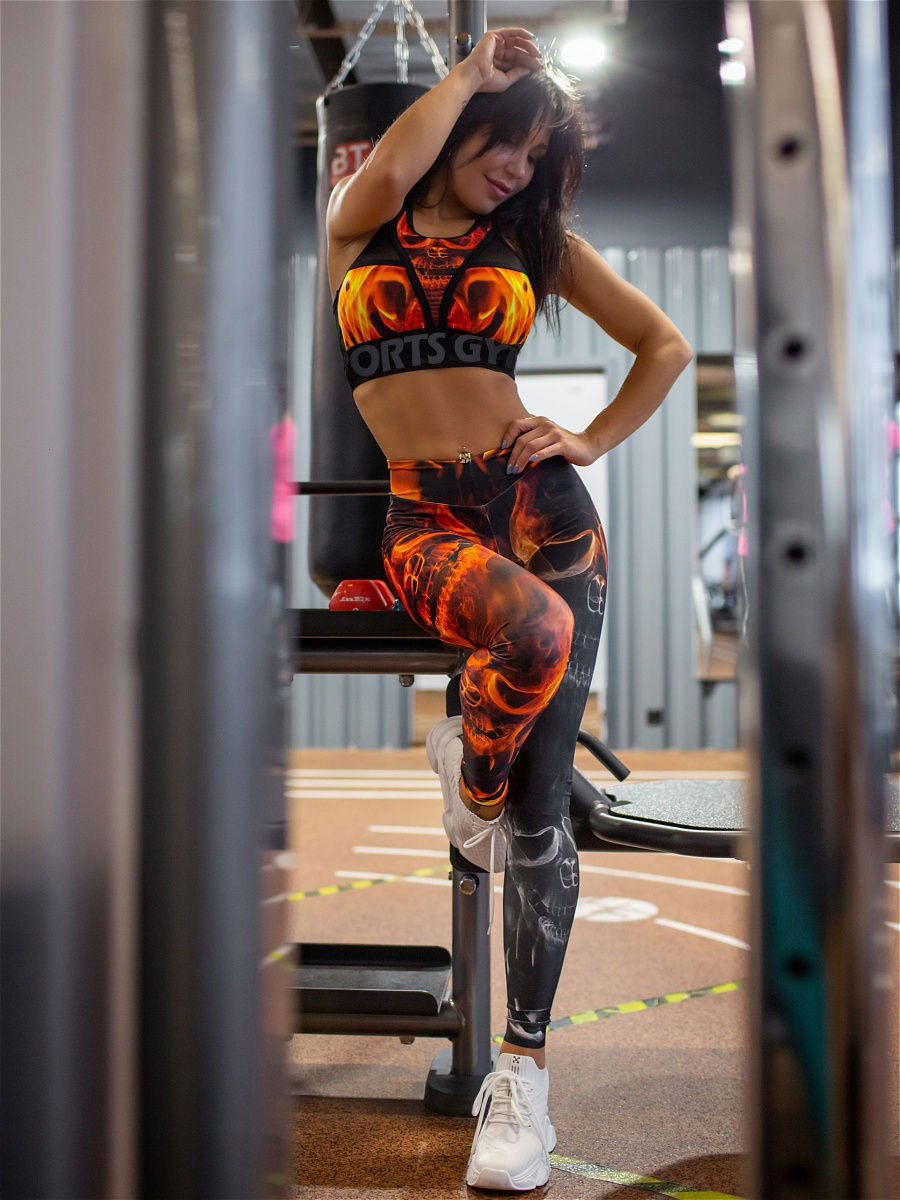 Fashionable Flame Print Mesh Two-piece Bra and Leggings Sports Suit