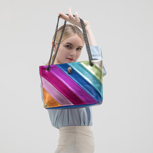 Rainbow Contrast Patchwork Chain Eagle Head Crossbody Bag