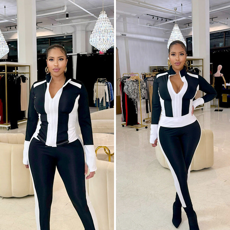 Contrast Color Stitching Zip-up Lapel Cardigan Tight High Waist Suit