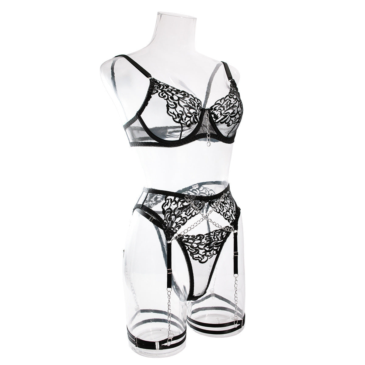 Sexy Mesh Embroidery Metal Chain Transparent Lace Waist-corset Jumpsuit