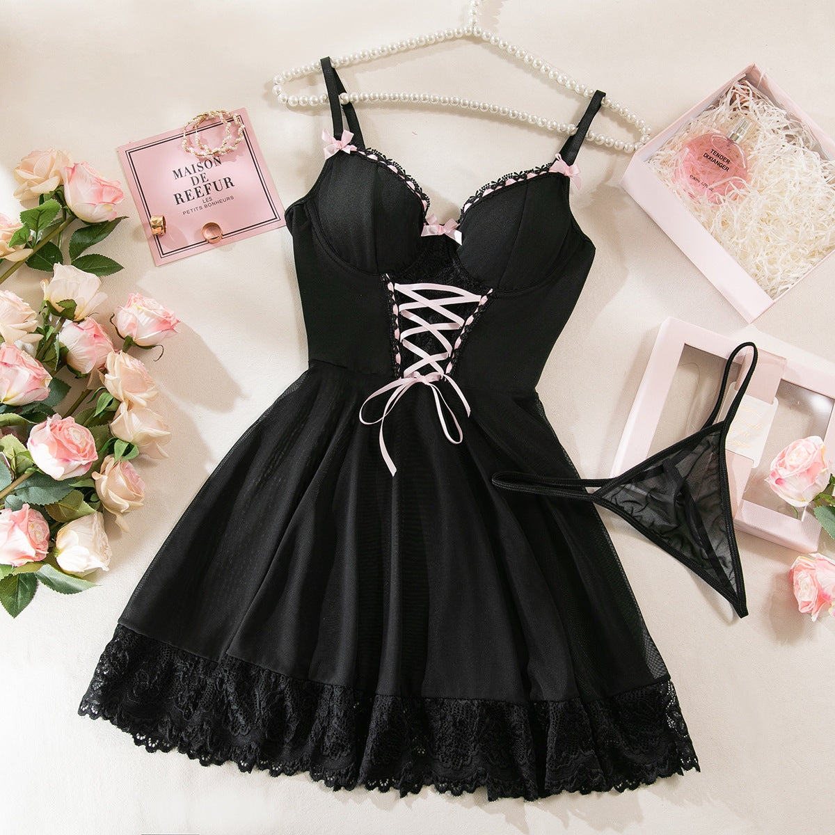 Sexy See-Through Lace Lightweight Underwire Gathered Dress