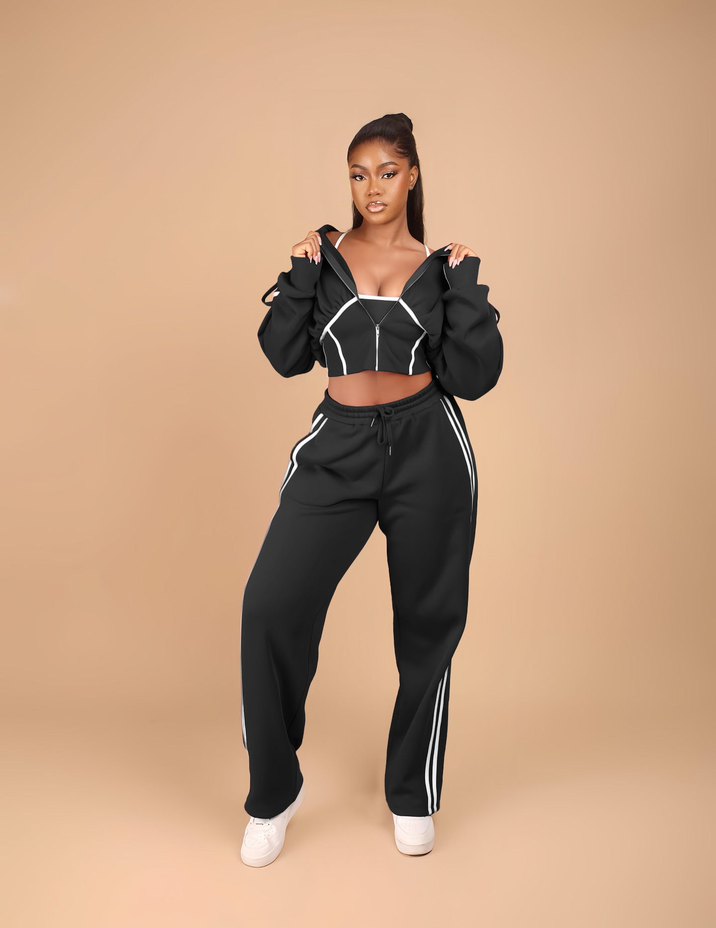 Fashionable Patchwork Hooded Sweatshirt Sports Casual Three-piece Suit