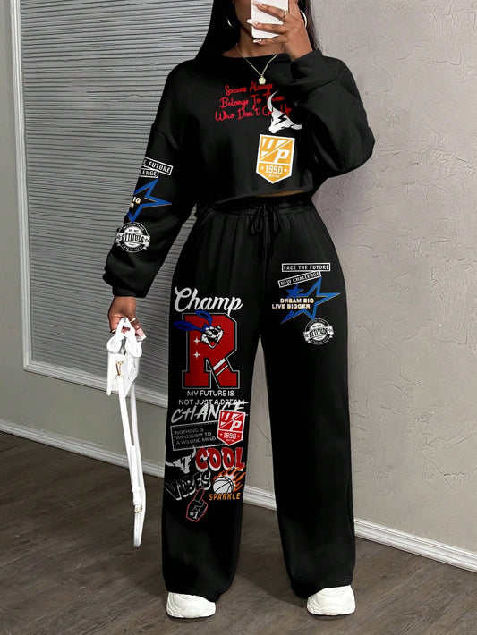 Casual Letter Print Crew Neck Sweatshirt and Pants Set