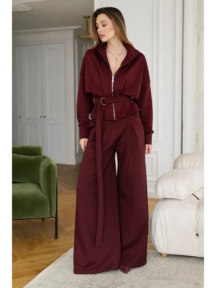 Stand-up Collar Long-sleeved Belted Sweatshirt and Casual Pants Set