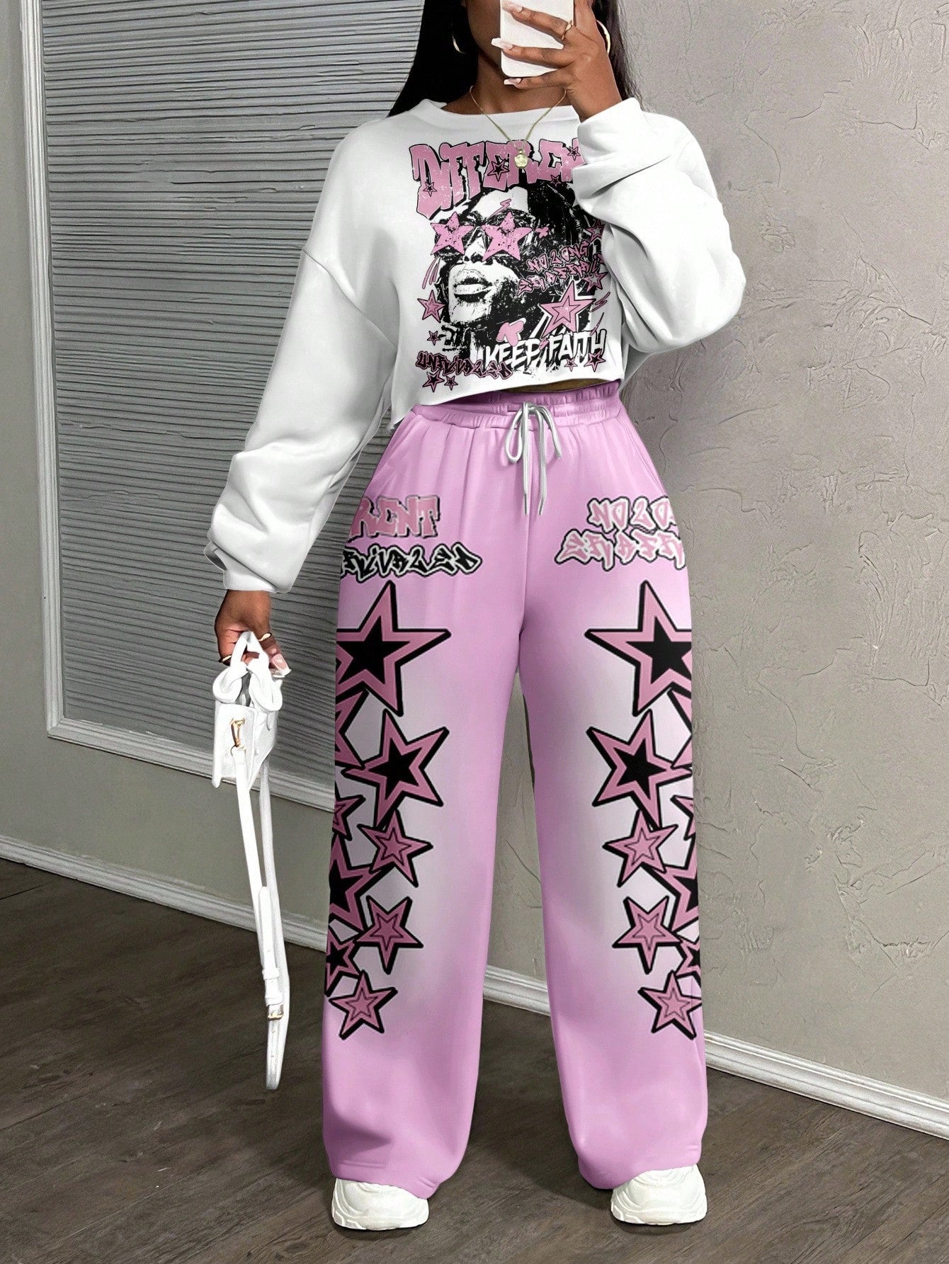 Casual Letter Print Crew Neck Sweatshirt and Pants Set