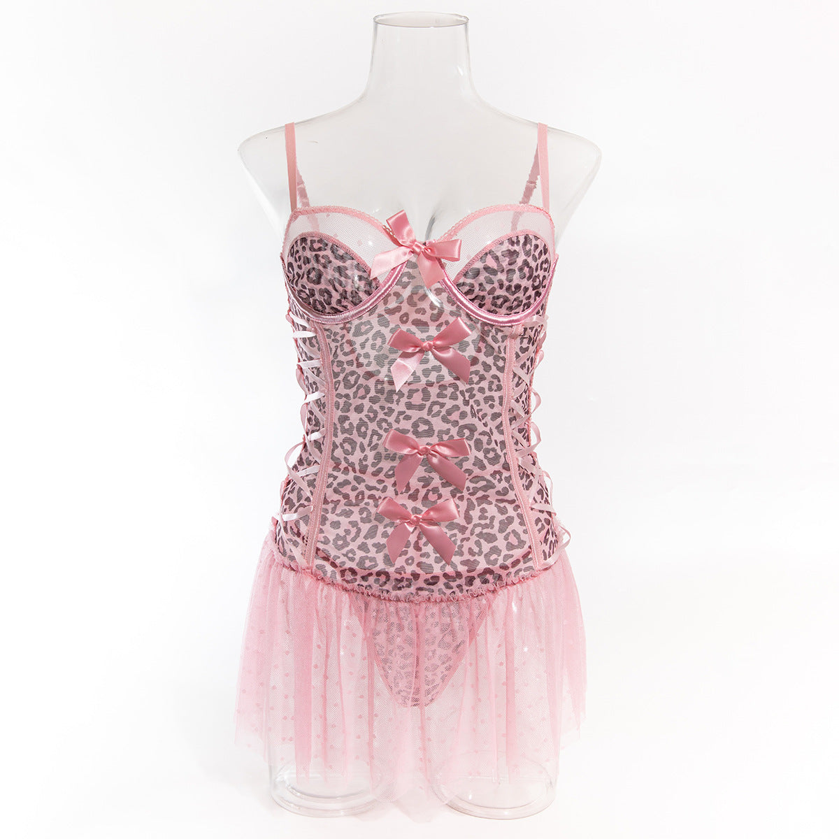 Sexy Pink Leopard Print Tulle Puffy Dress + T-Back
