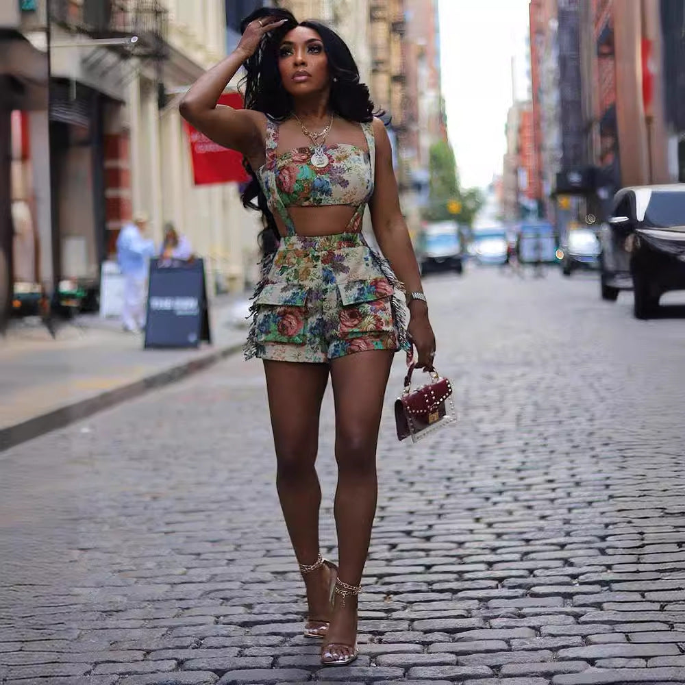 Retro Flower French Court Bandeau Tassel Overall Shorts Set