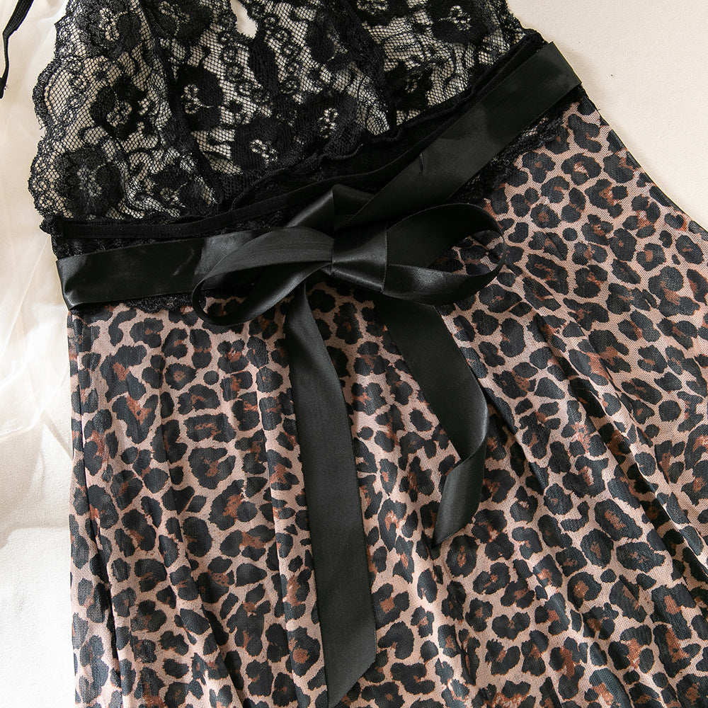 Lace Wild Leopard Print See-through Stitching Sexy Nightdress